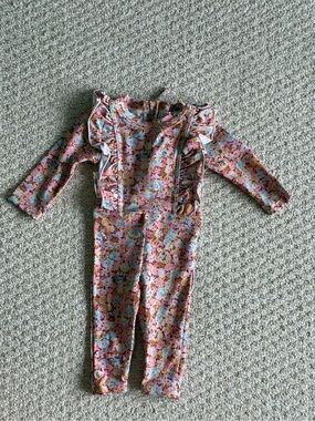 Designer Floral Ruffle Long-Sleeve Full Coverage Swim Suit- Pink Multi